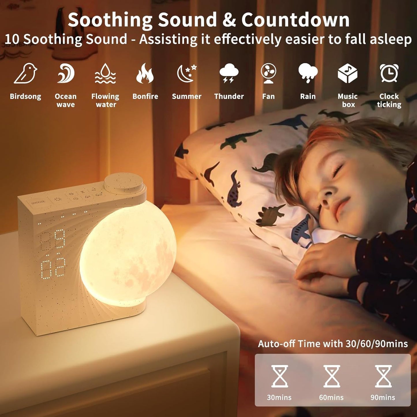 Colorful Atmosphere Moon Light Clock Wake Up Light Breathing Light Three Level Dimming Clock Dual Alarm Clock Timing White Noise - lotsofthingshere