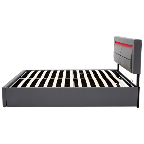 Upholstered Bed 150 X 200 Cm, King Size Bed-5ft,with USB Port Supports Wireless And Wired Charging, With LED Lighting And Storage Space, Without Mattress, PU Lychee Pattern, Grey