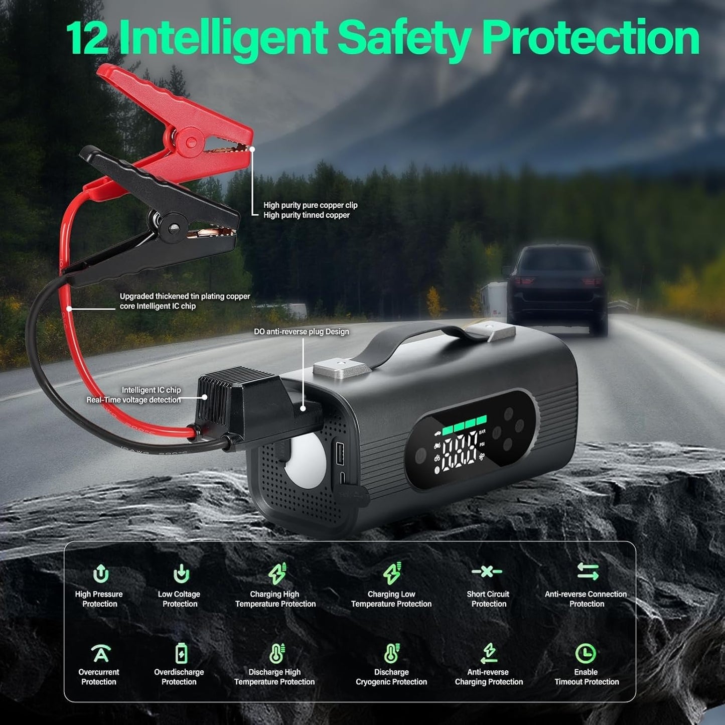 Newest 8 In 1 Portable Car Battery Starter With Air Compressor, Car Wireless Vacuum Cleaner 150PSI Car Battery Starter 12V With Large LCD Display