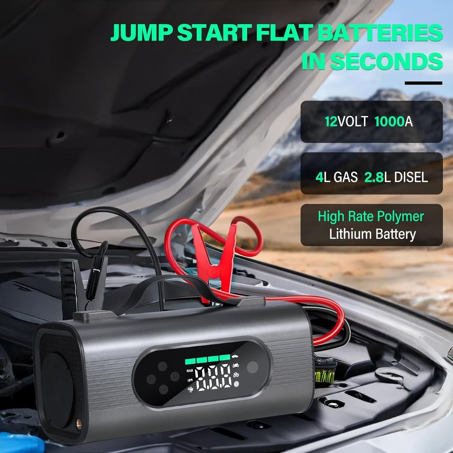 Newest 8 In 1 Portable Car Battery Starter With Air Compressor, Car Wireless Vacuum Cleaner 150PSI Car Battery Starter 12V With Large LCD Display