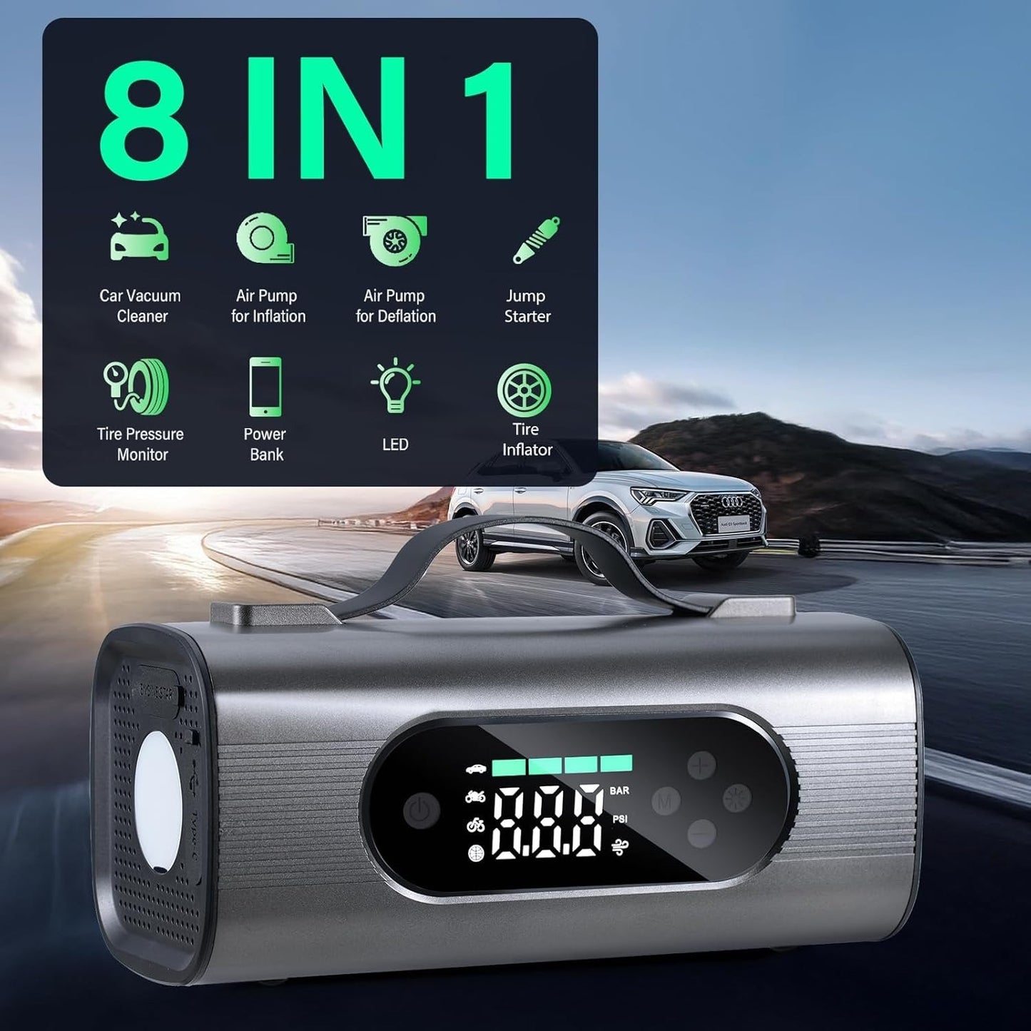 Newest 8 In 1 Portable Car Battery Starter With Air Compressor, Car Wireless Vacuum Cleaner 150PSI Car Battery Starter 12V With Large LCD Display