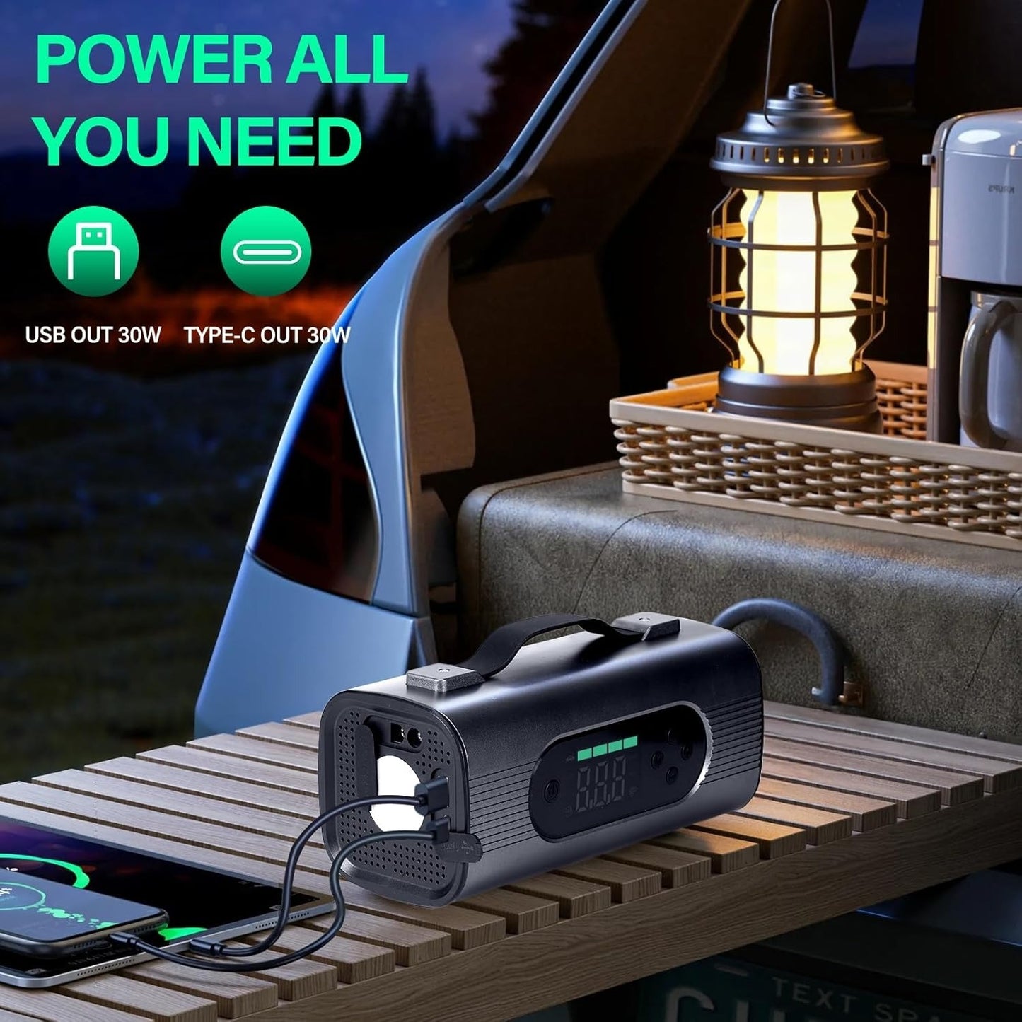 Newest 8 In 1 Portable Car Battery Starter With Air Compressor, Car Wireless Vacuum Cleaner 150PSI Car Battery Starter 12V With Large LCD Display
