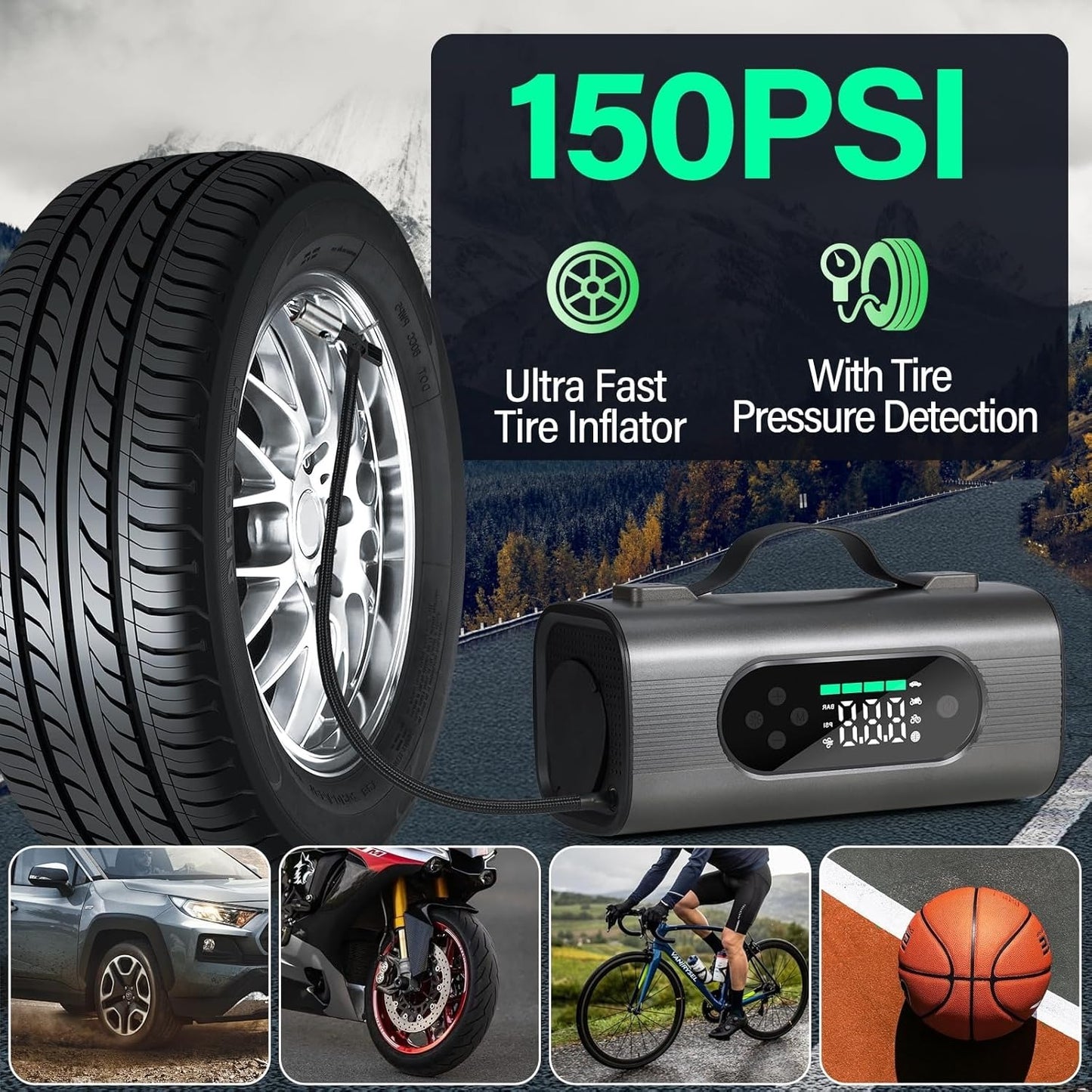 Newest 8 In 1 Portable Car Battery Starter With Air Compressor, Car Wireless Vacuum Cleaner 150PSI Car Battery Starter 12V With Large LCD Display