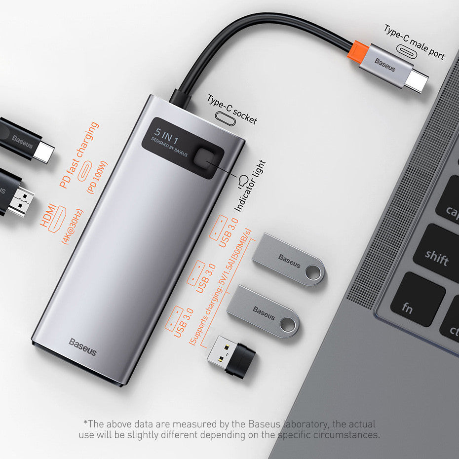 Baseus Metal Gleam Series 5 In 1 Multifunctional Type C HUB Docking Station Gray 30Hz Version - lotsofthingshere