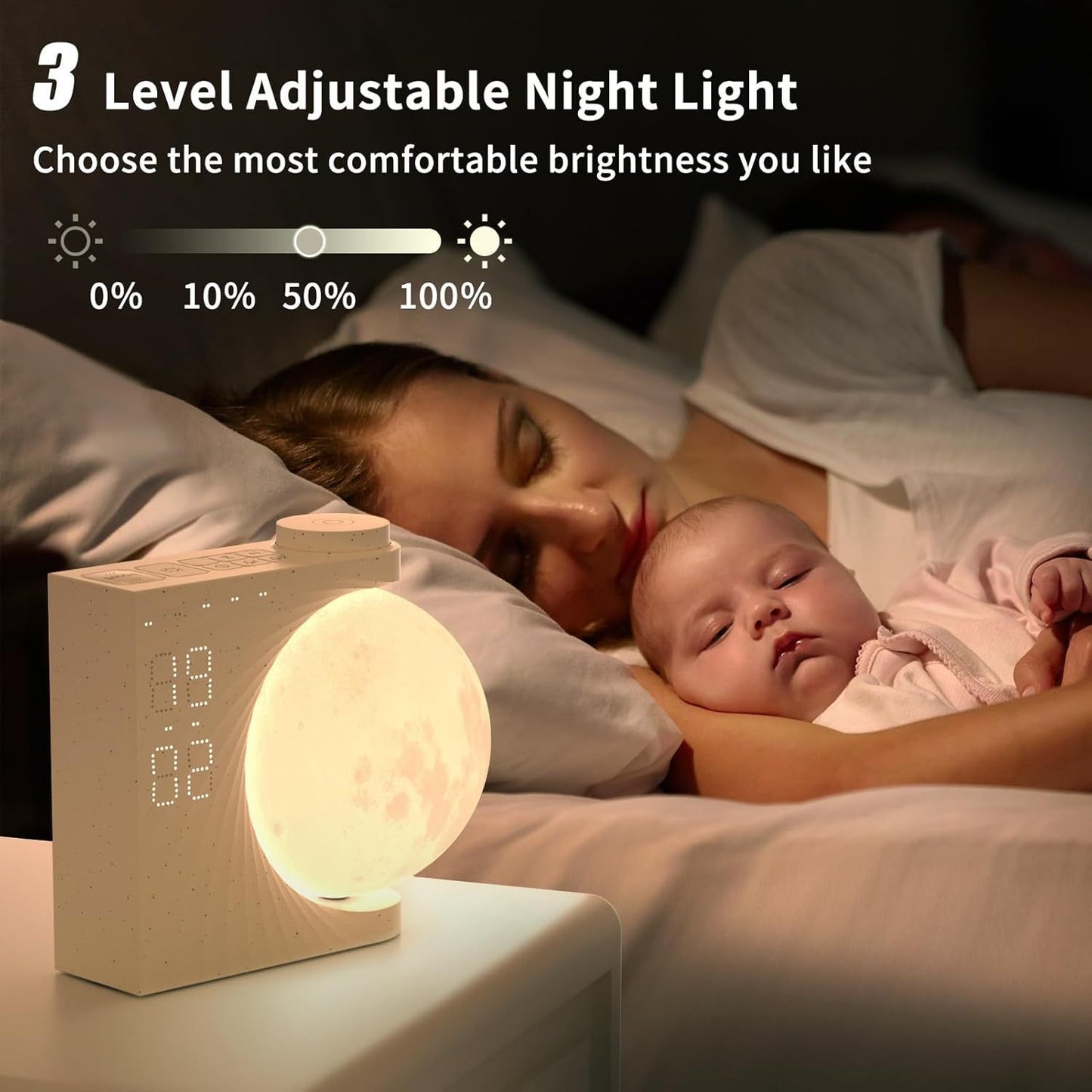 Colorful Atmosphere Moon Light Clock Wake Up Light Breathing Light Three Level Dimming Clock Dual Alarm Clock Timing White Noise - lotsofthingshere