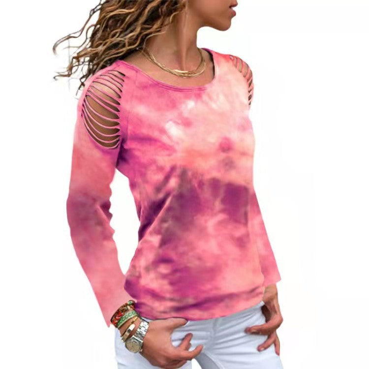 Tie Dye Ripped Floral Off The Shoulder Long Sleeve Tshirt