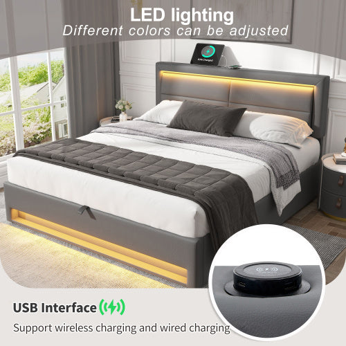 Upholstered Bed 150 X 200 Cm, King Size Bed-5ft,with USB Port Supports Wireless And Wired Charging, With LED Lighting And Storage Space, Without Mattress, PU Lychee Pattern, Grey