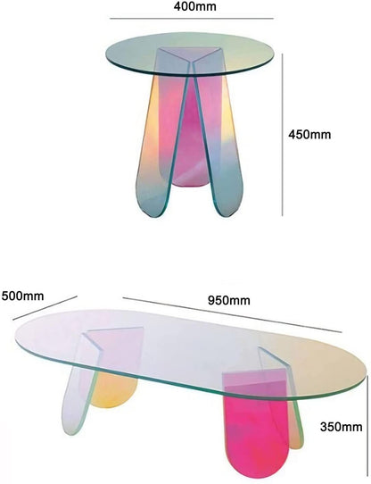 Acrylic Rainbow Color Coffee Table, Iridescent Glass End Table Round Side Table Modern Accent TV Table For Living Bed Room Decoration