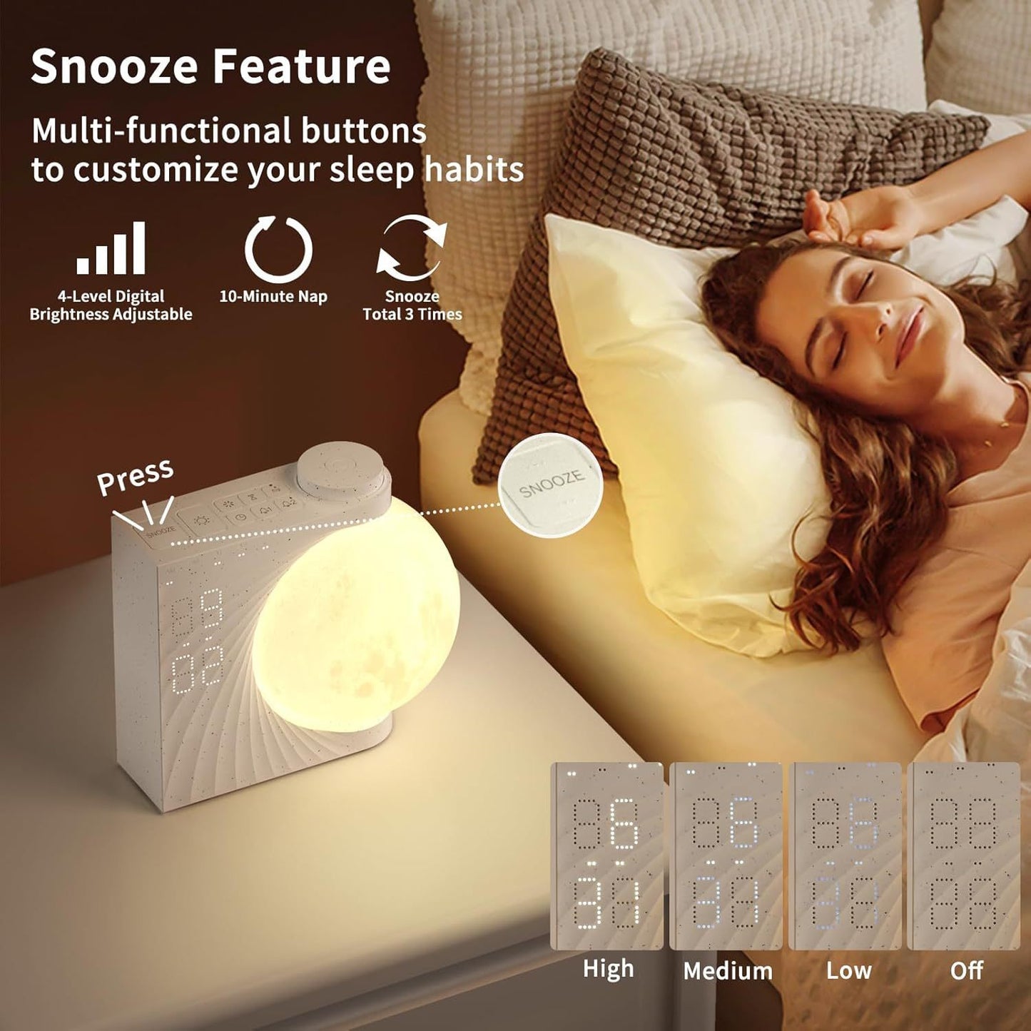 Colorful Atmosphere Moon Light Clock Wake Up Light Breathing Light Three Level Dimming Clock Dual Alarm Clock Timing White Noise - lotsofthingshere