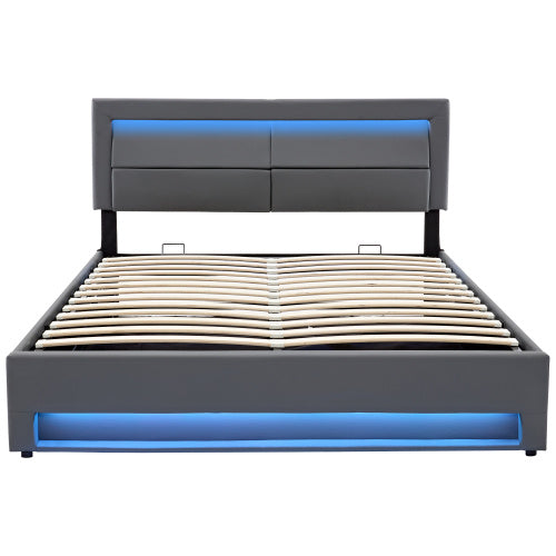 Upholstered Bed 150 X 200 Cm, King Size Bed-5ft,with USB Port Supports Wireless And Wired Charging, With LED Lighting And Storage Space, Without Mattress, PU Lychee Pattern, Grey