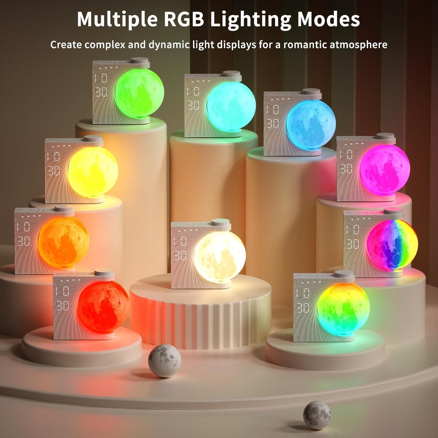 Colorful Atmosphere Moon Light Clock Wake Up Light Breathing Light Three Level Dimming Clock Dual Alarm Clock Timing White Noise - lotsofthingshere