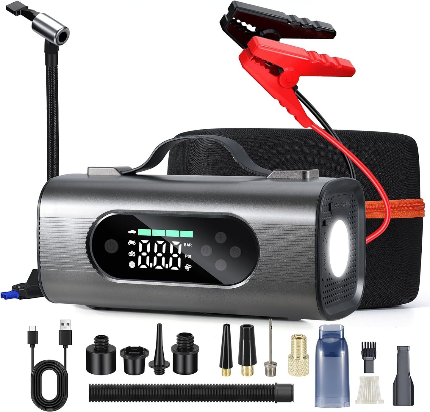 Newest 8 In 1 Portable Car Battery Starter With Air Compressor, Car Wireless Vacuum Cleaner 150PSI Car Battery Starter 12V With Large LCD Display