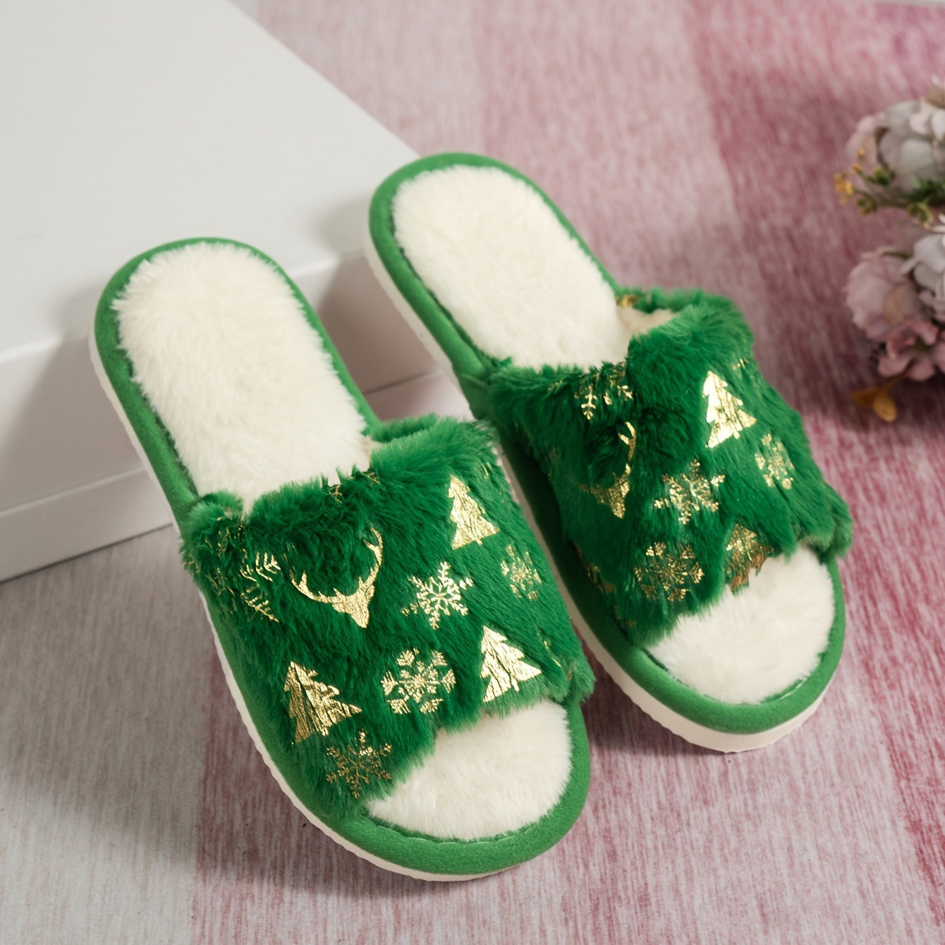 Christmas Plush Open Toe Cotton Slippers - lotsofthingshere