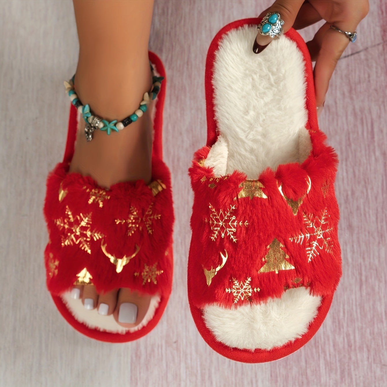 Christmas Plush Open Toe Cotton Slippers - lotsofthingshere