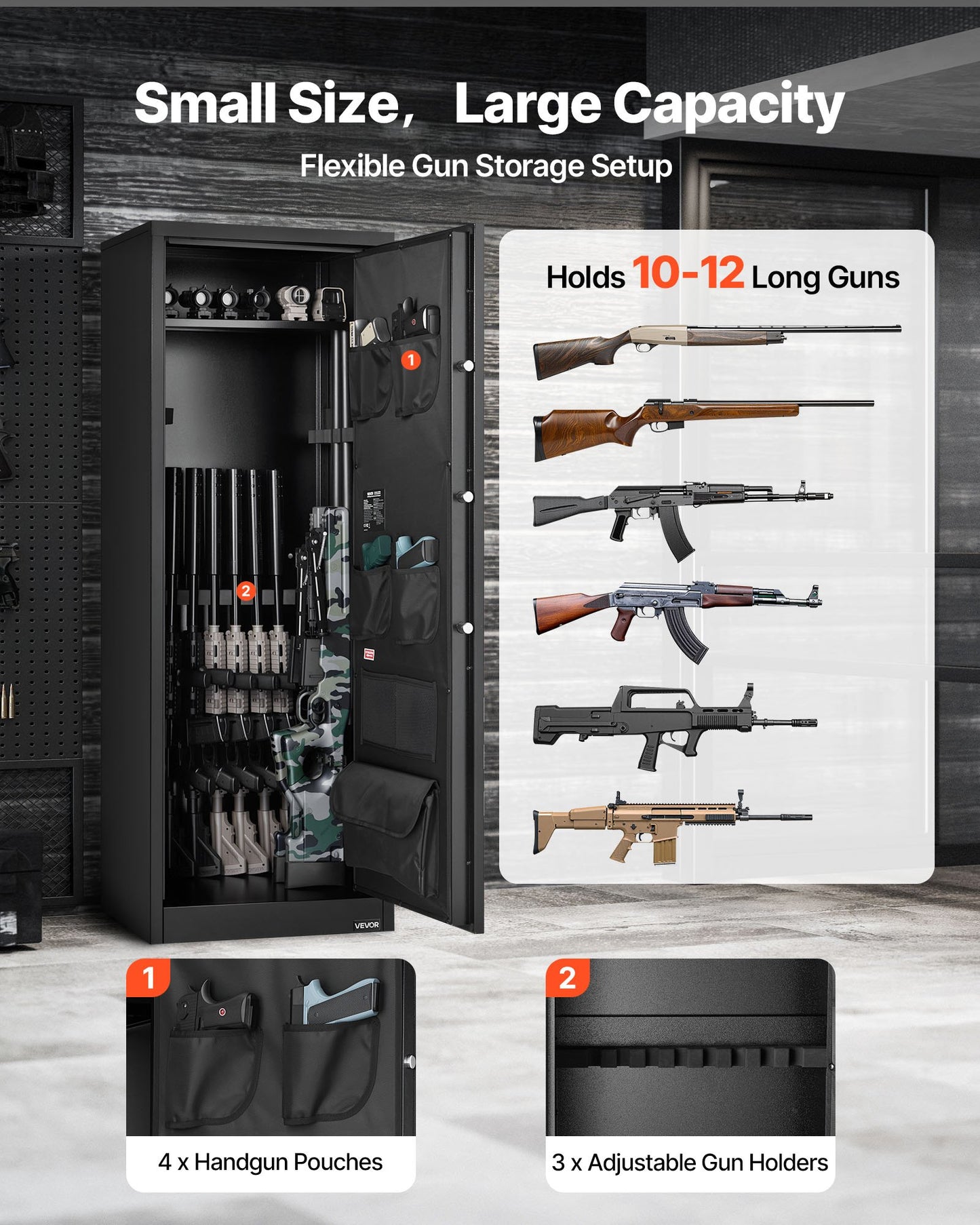 10-12 Gun Safe, Long Gun Cabinet For Rifles And Pistols, Quick Access Rifle Safe With 4 Pistol Pockets And 3 Adjustable Racks, Large Digital Cabinet With Key And Password Lock