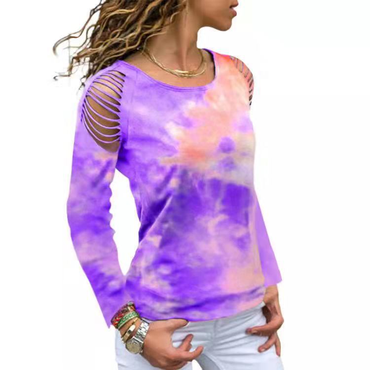 Tie Dye Ripped Floral Off The Shoulder Long Sleeve Tshirt