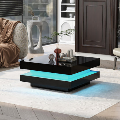 White Square High Gloss Coffee Table With 360 Rotating Top, Tea Table With 16-Color LED Light, 70x70x36 Cm