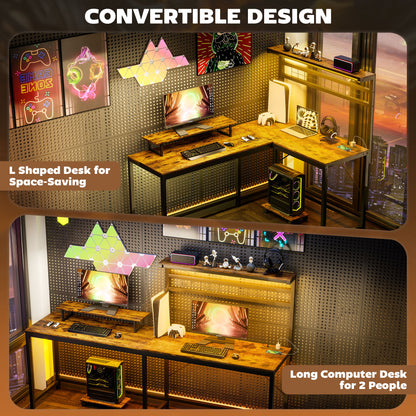 61.6" L Shaped Gaming Desk with Power Outlets & LED Lights