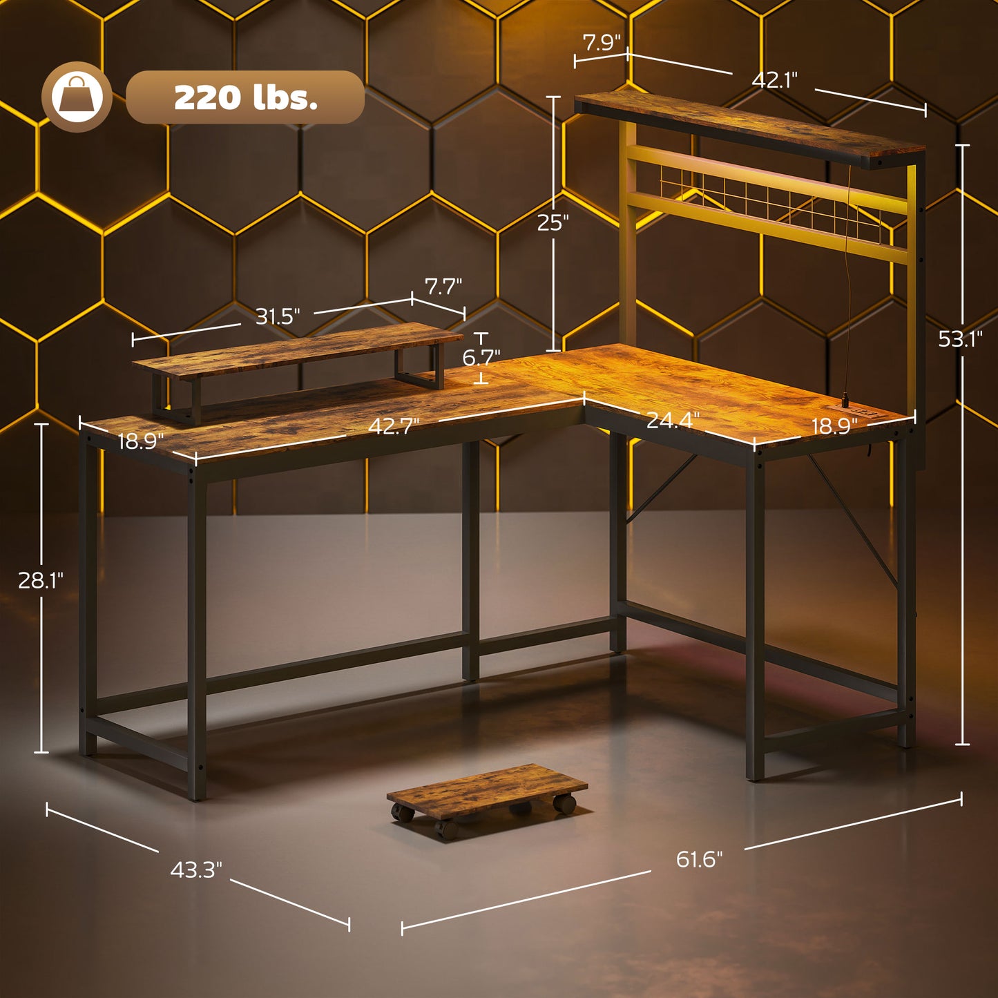 61.6" L Shaped Gaming Desk with Power Outlets & LED Lights