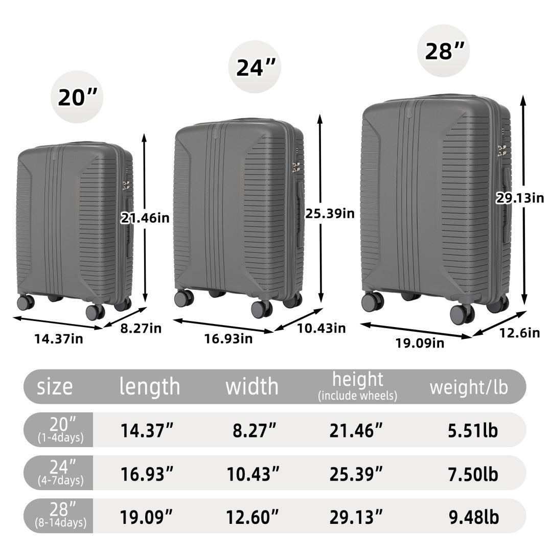 20   24   28  3 Pcs  Set In PP Spinner Wheel Luggage, Carry On Suitcase, Matching Color, Combination Lock