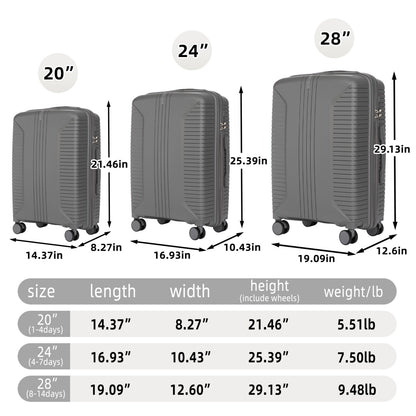 20   24   28  3 Pcs  Set In PP Spinner Wheel Luggage, Carry On Suitcase, Matching Color, Combination Lock