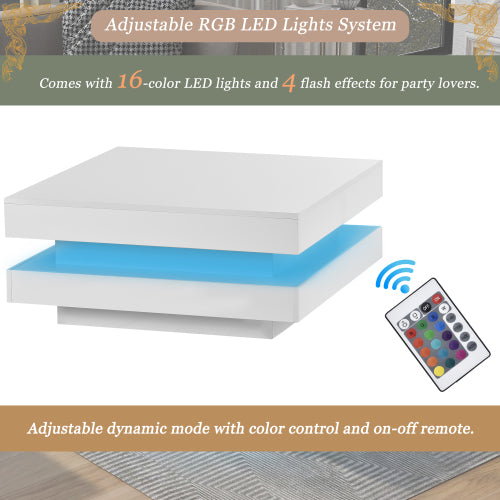 White Square High Gloss Coffee Table With 360 Rotating Top, Tea Table With 16-Color LED Light, 70x70x36 Cm