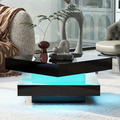 White Square High Gloss Coffee Table With 360 Rotating Top, Tea Table With 16-Color LED Light, 70x70x36 Cm