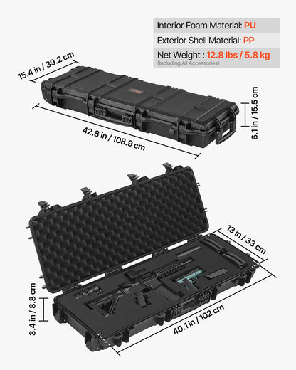 Hard Rifle Case, Lockable Rifle Case With Pre-cut Foams, 40 In Gun Storage With Wheels, IP67 Waterproof & Dustproof Movable Large Pistol Storage For Rifles, Shotguns, Airsoft Guns, Black