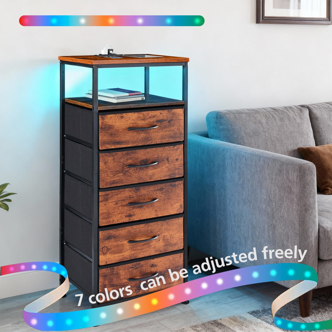 Nightstand With Charging Station, Bedside End Table With 5 Fabric Drawers & USB-Type-C Ports And Outlets