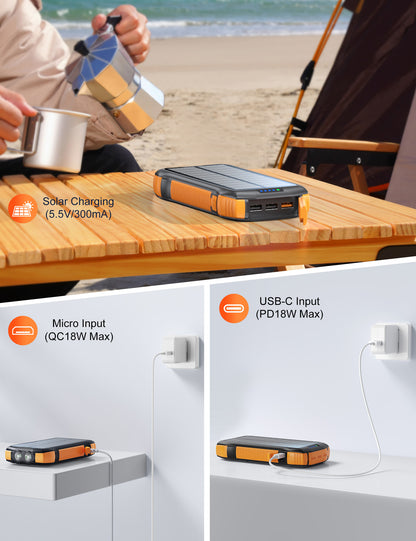 New Product Large Capacity 20000mAh 3 USB C Flashlight Ip67 Waterproof High-speed Wireless Charger Solar Power Bank