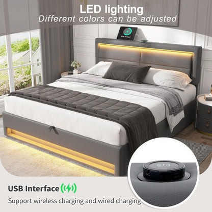 Upholstered Bed 150 X 200 Cm, King Size Bed-5ft,with USB Port Supports Wireless And Wired Charging, With LED Lighting And Storage Space, Without Mattress, PU Lychee Pattern, Grey