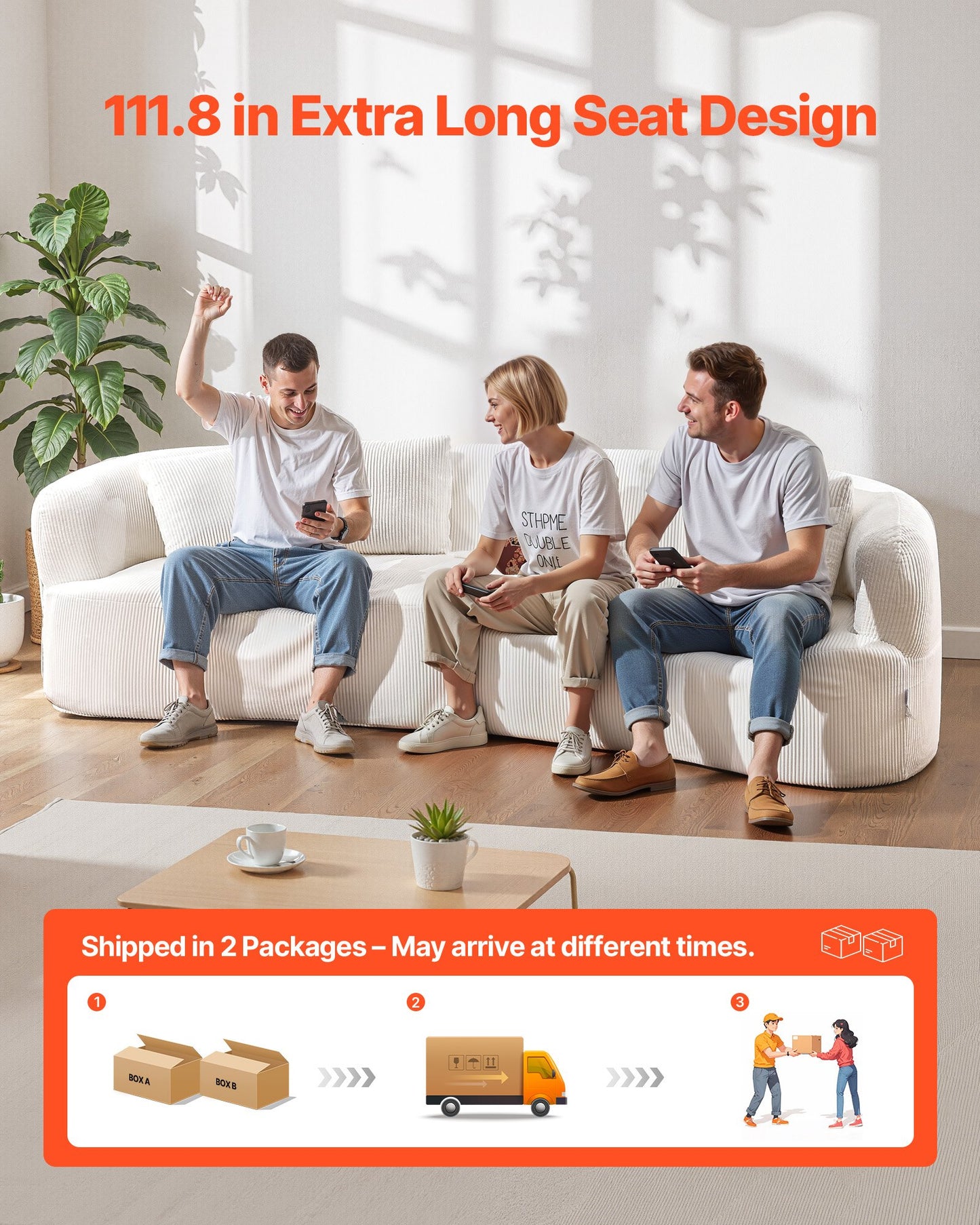 Luxury Modern Cloud Plush Sectional Sofa, 112" Curved Modular Couch With 4 Pillows - Oversized Deep Seat Corduroy Fabric For Living Room, Apartment, Office, No Assembly Needed, White