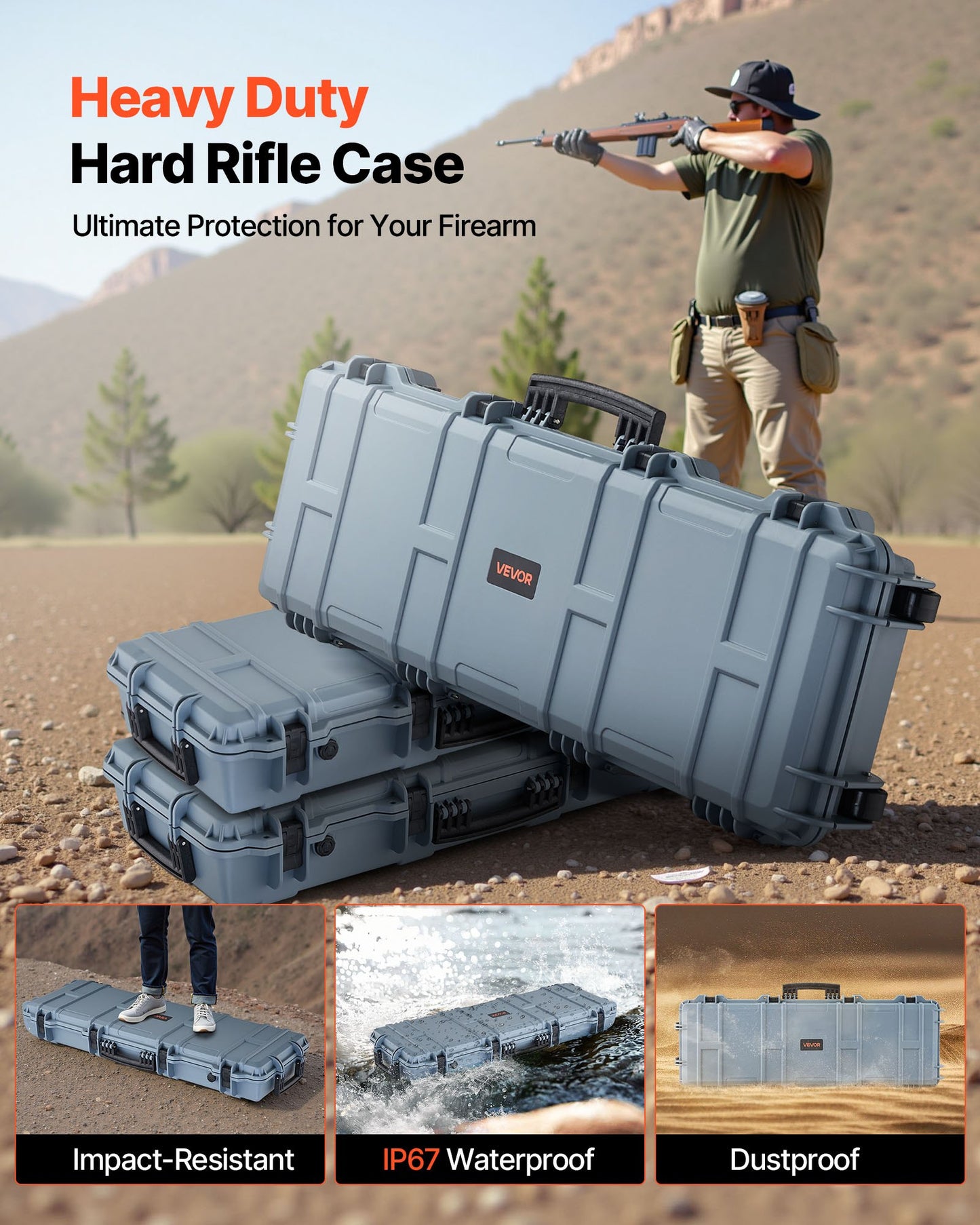 Hard Rifle Case, Lockable Rifle Case With Pre-cut Foams, 40 In Gun Storage With Wheels, IP67 Waterproof & Dustproof Movable Large Pistol Storage For Rifles, Shotguns, Airsoft Guns, Grey