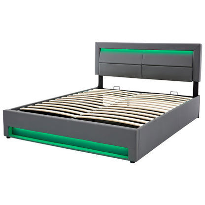 Upholstered Bed 150 X 200 Cm, King Size Bed-5ft,with USB Port Supports Wireless And Wired Charging, With LED Lighting And Storage Space, Without Mattress, PU Lychee Pattern, Grey