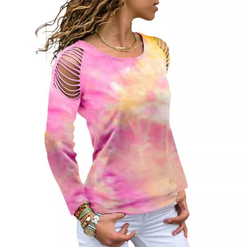Tie Dye Ripped Floral Off The Shoulder Long Sleeve Tshirt