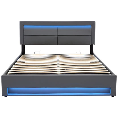 Upholstered Bed 150 X 200 Cm, King Size Bed-5ft,with USB Port Supports Wireless And Wired Charging, With LED Lighting And Storage Space, Without Mattress, PU Lychee Pattern, Grey