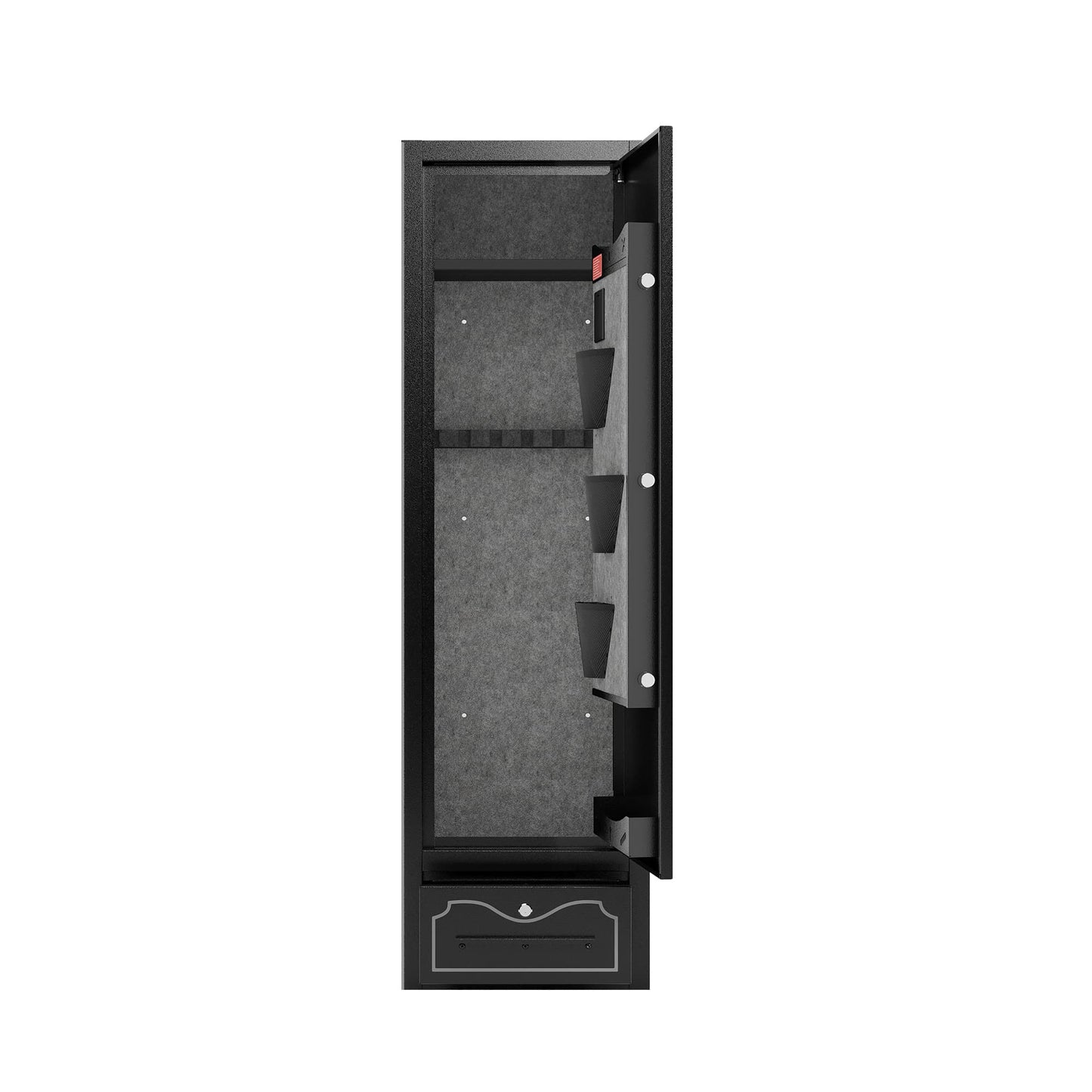8 - Gun Capacity Rifle Safe. Holds Rifles, Pistols, Shotguns. Digital Lock For Quick Access. Removable Shelf. Special Gun Rack For Scoped Rifles. Plus, A Handy Storage Drawer