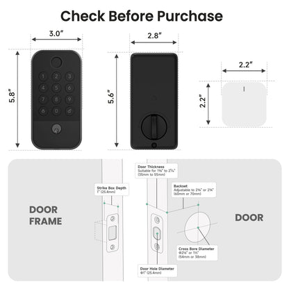 Smart WiFi & Bluetooth Door Lock With Fingerprint, Keypad & Code Entry, App Remote Control, Auto Lock, Black
