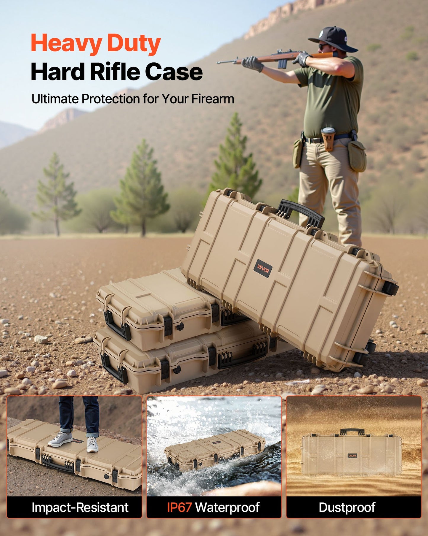 Hard Rifle Case, Lockable Rifle Case With 4 Layers Pre-cut Foams, 36 In Gun Storage With Wheels, IP67 Waterproof & Dustproof Pistol Storage Cases For Rifles, Shotguns, Airsoft Guns, Khaki