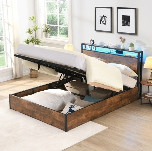 Wooden Platform Bed Frame With Lifting And Charging Station