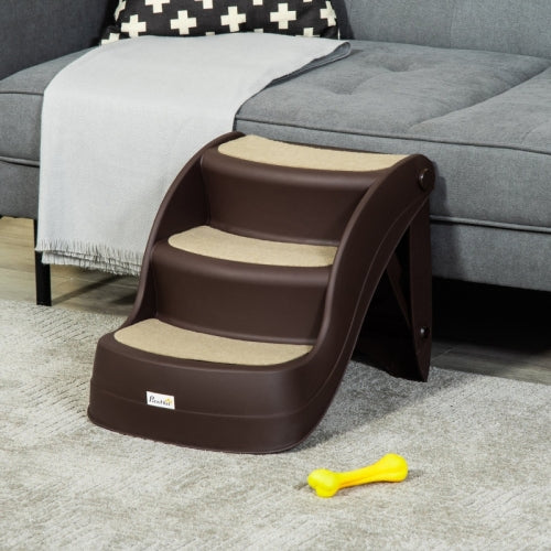 PawHut Foldable Pet Stairs Portable Dog Steps 3-Step Design With Non-slip Mats For High Beds, Sofas, 49 X 38 X 38 Cm, Brown