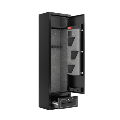 8 - Gun Capacity Rifle Safe. Holds Rifles, Pistols, Shotguns. Digital Lock For Quick Access. Removable Shelf. Special Gun Rack For Scoped Rifles. Plus, A Handy Storage Drawer
