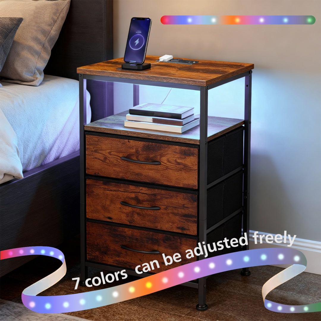 Nightstand With Charging Station, Bedside End Table With 5 Fabric Drawers & USB-Type-C Ports And Outlets