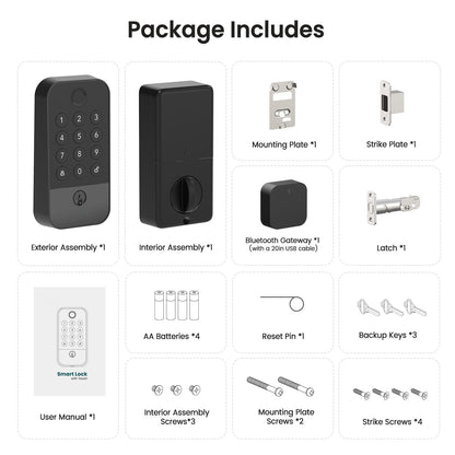 Smart WiFi & Bluetooth Door Lock With Fingerprint, Keypad & Code Entry, App Remote Control, Auto Lock, Black