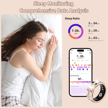 2025 New Smart Ring For Women, Health & Fitness Tracker With Heart Rate, Blood Oxygen, Sleep Monitoring, Elegant Rose Gold Design With Crystal Accents, IP68 Waterproof, Gesture Control