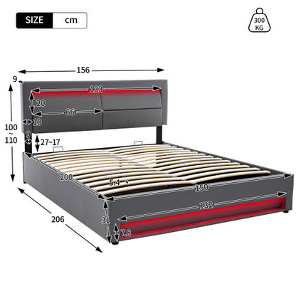 Upholstered Bed 150 X 200 Cm, King Size Bed-5ft,with USB Port Supports Wireless And Wired Charging, With LED Lighting And Storage Space, Without Mattress, PU Lychee Pattern, Grey