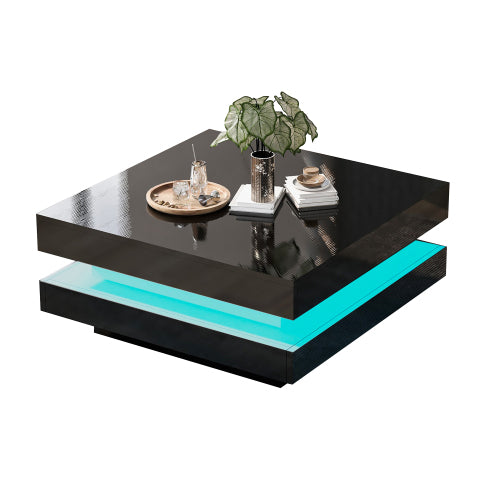 White Square High Gloss Coffee Table With 360 Rotating Top, Tea Table With 16-Color LED Light, 70x70x36 Cm