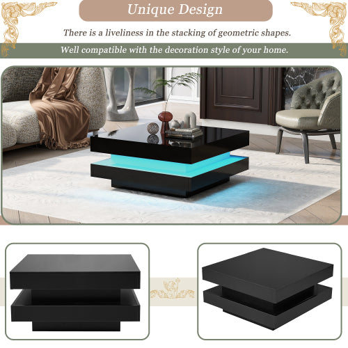 White Square High Gloss Coffee Table With 360 Rotating Top, Tea Table With 16-Color LED Light, 70x70x36 Cm