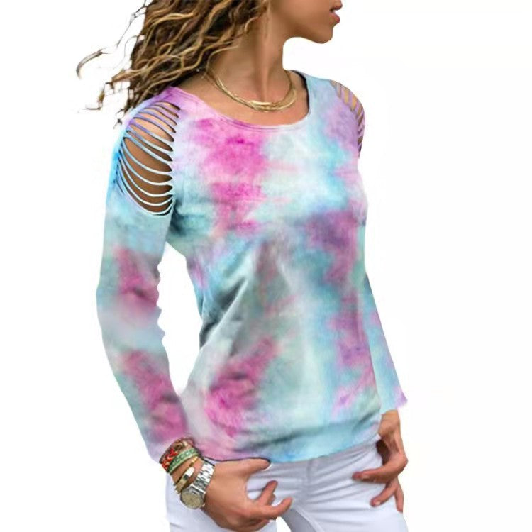 Tie Dye Ripped Floral Off The Shoulder Long Sleeve Tshirt