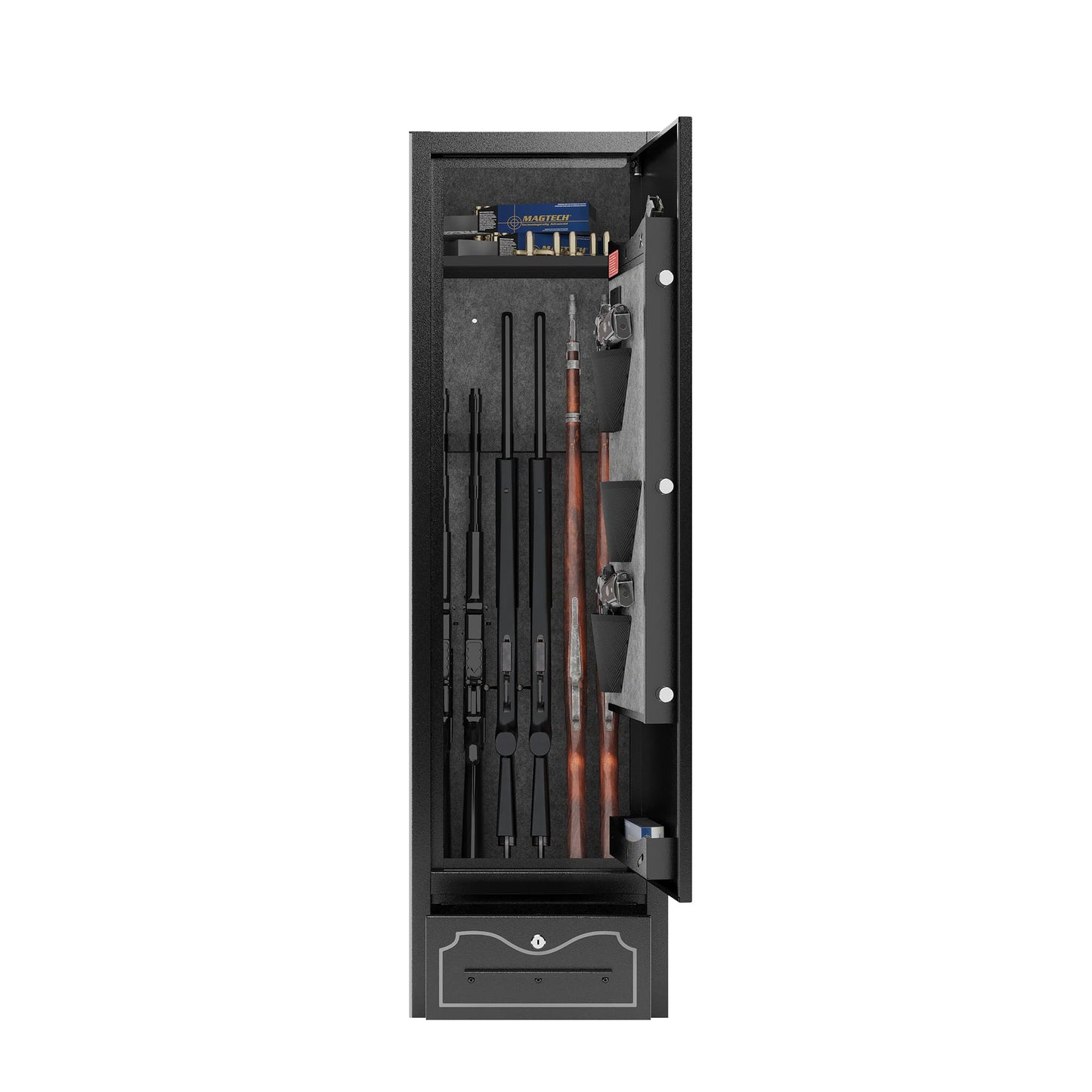 8 - Gun Capacity Rifle Safe. Holds Rifles, Pistols, Shotguns. Digital Lock For Quick Access. Removable Shelf. Special Gun Rack For Scoped Rifles. Plus, A Handy Storage Drawer